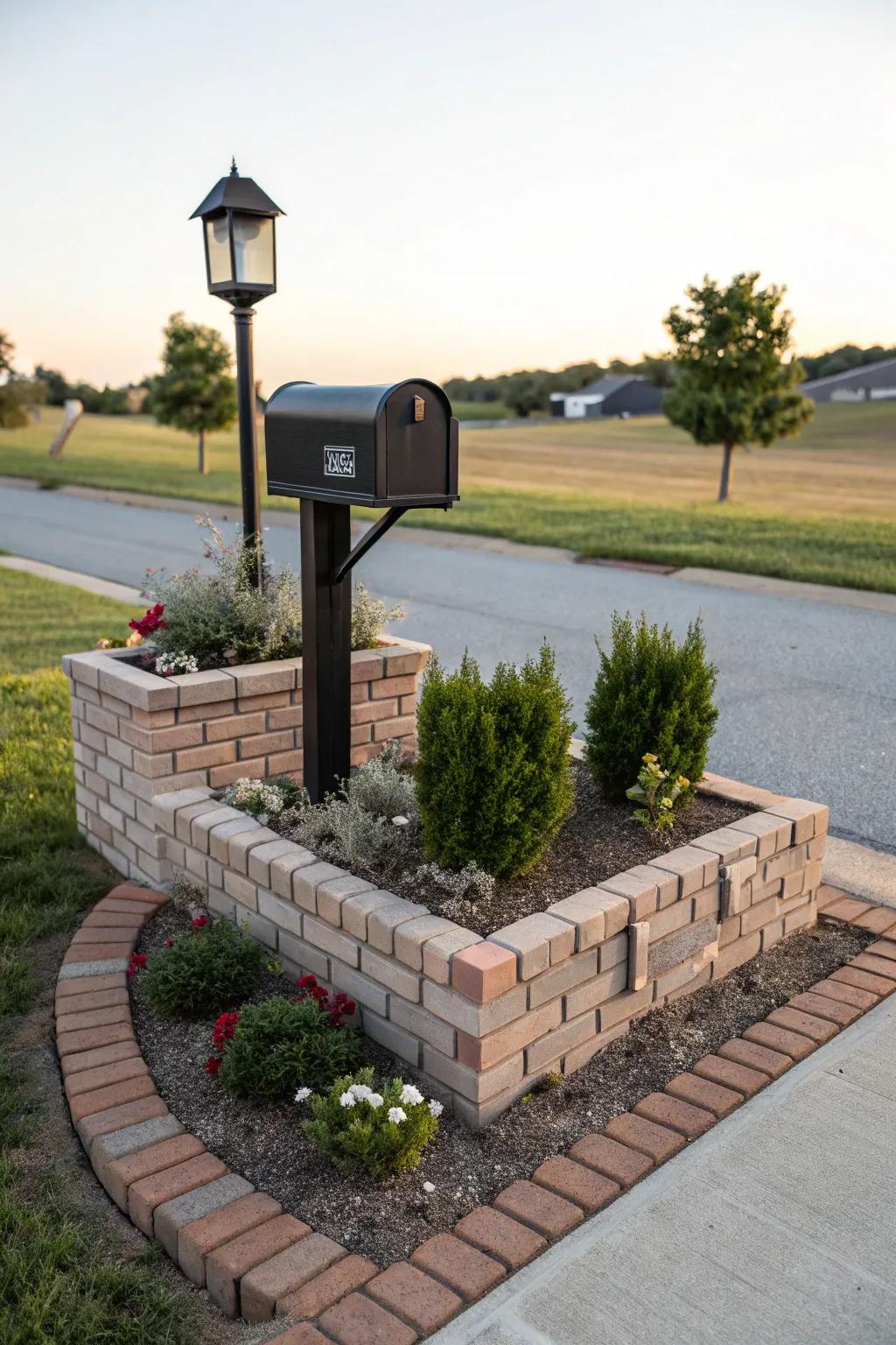 A brick boundary maintains a neat and organized look for your mailbox landscaping