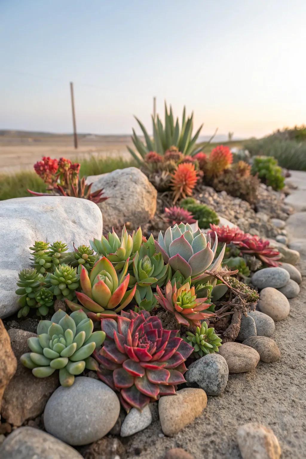 Fleshy plants nestled among stones for a sustainable garden setting.
