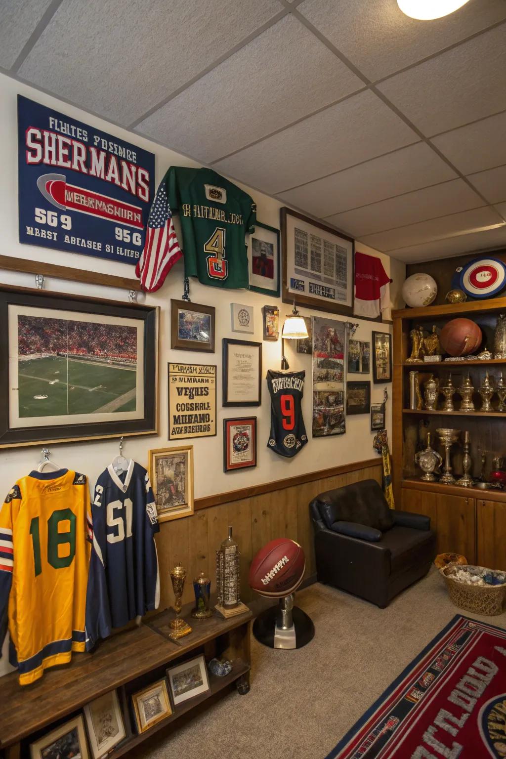 Man cave showcasing personalized thematic decorations.