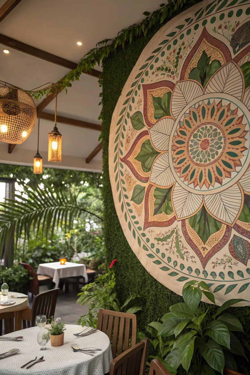 A circle motif design with floral and foliage patterns enhancing a dining space.