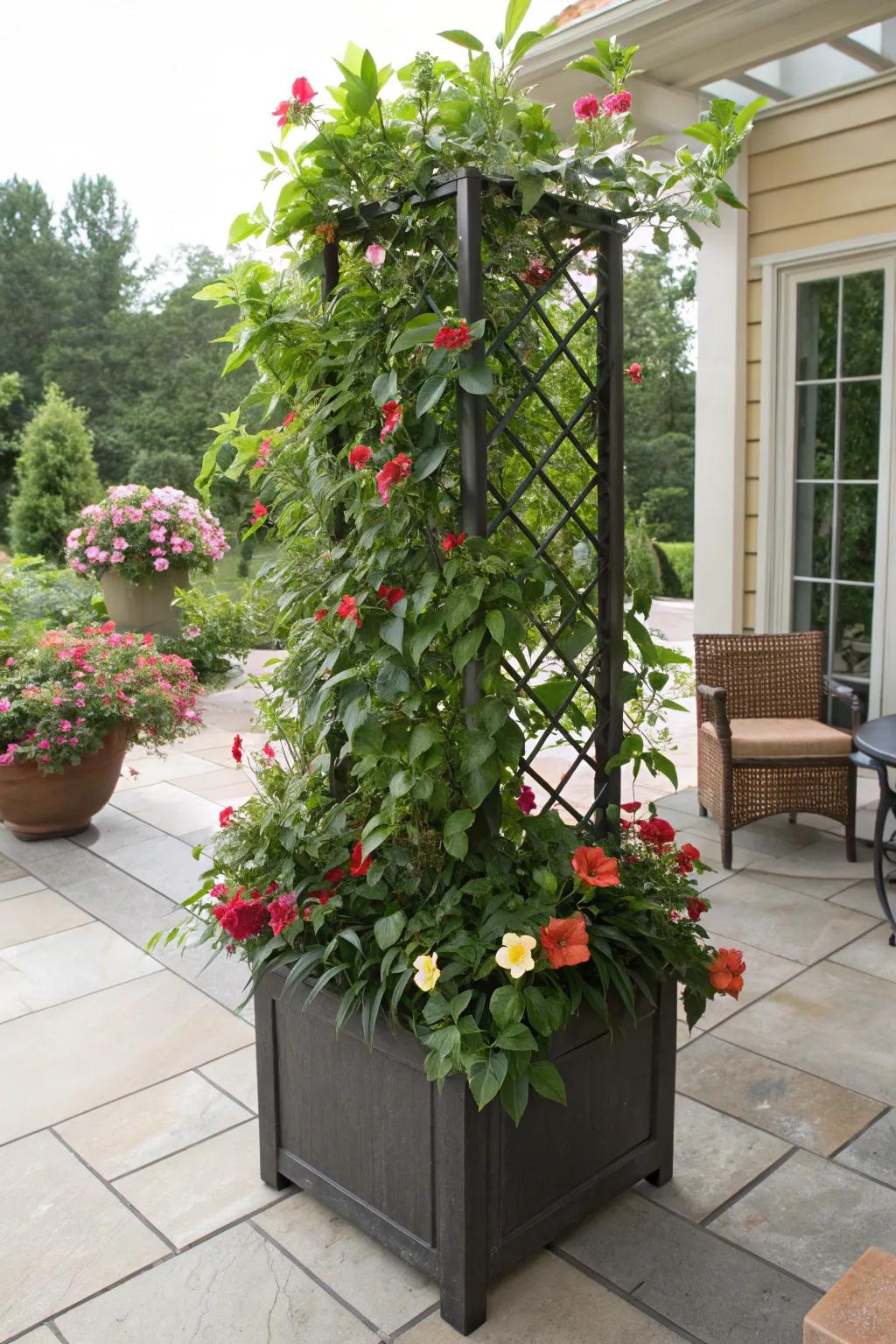 A receptacle trellis brimming with mandevilla infuses hue and allure into any deck setting.