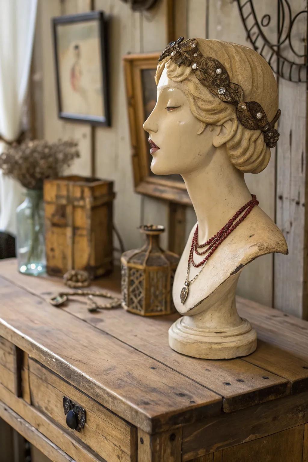 Vintage influences bring a nostalgic charm to mannequin head art.