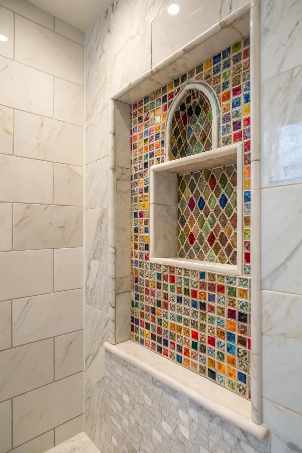 Decorative tiling within a stone recess produces an extraordinary point of interest.
