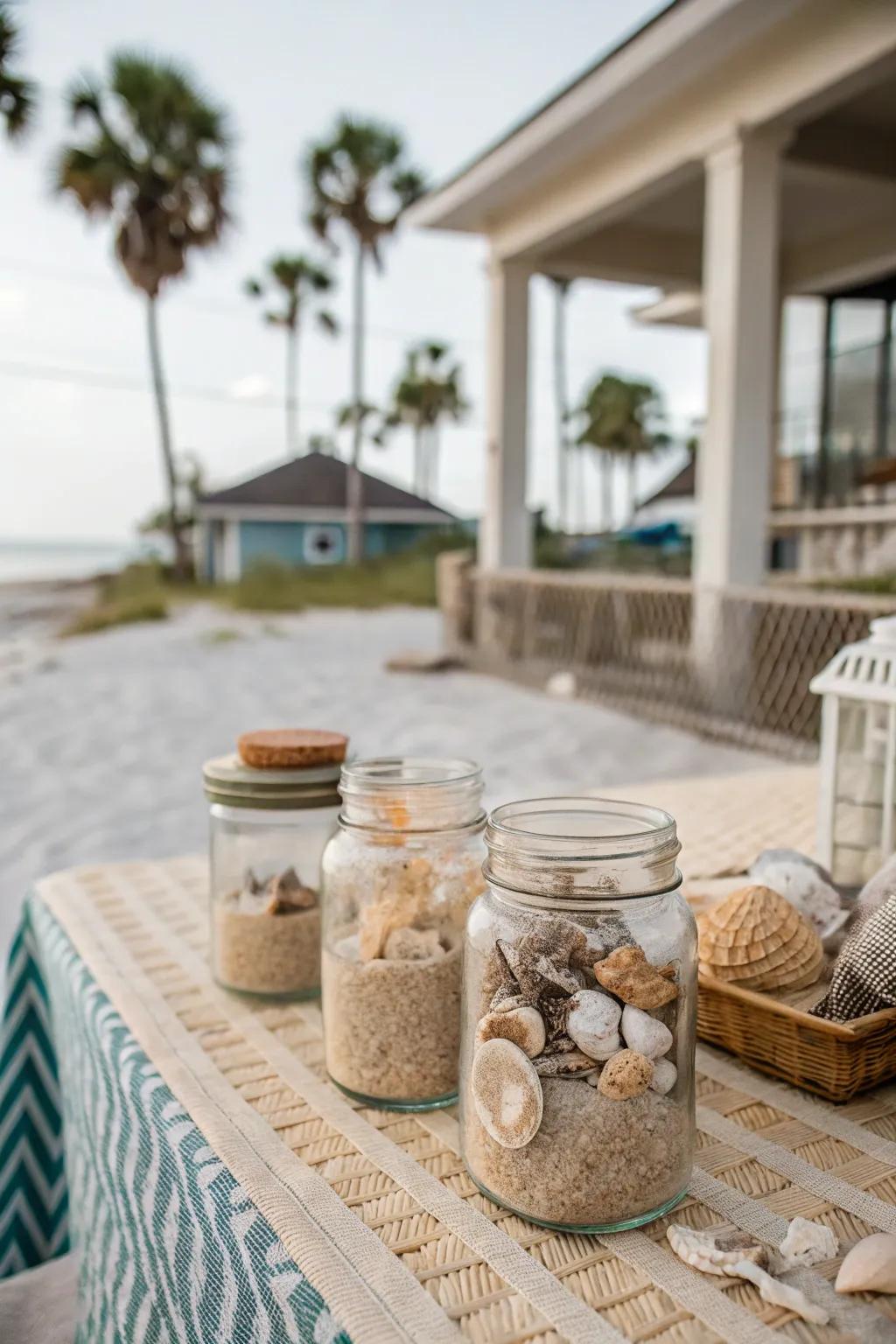 Coastline-inspired heritage container focal points with grains of sand and seashells.