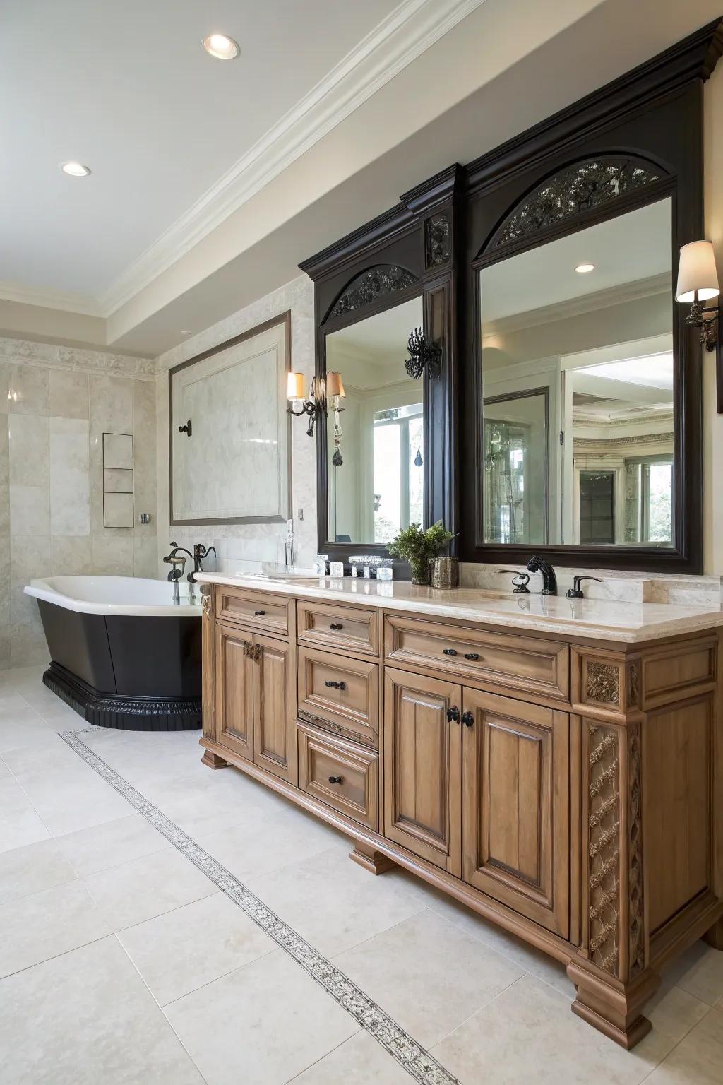 A master bathroom that pairs contrasting dark and light wood vanities.