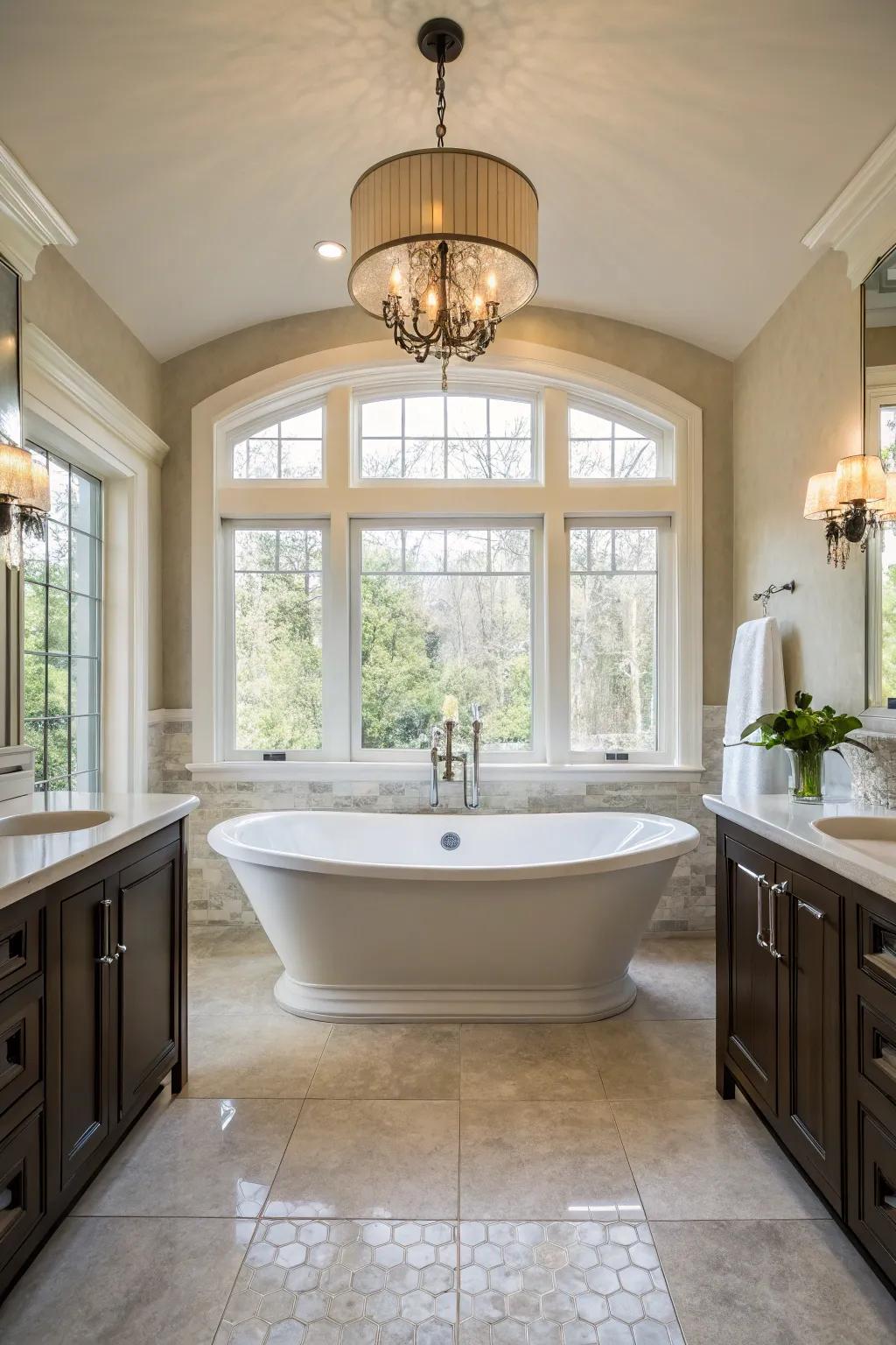 A freestanding tub serves as a breathtaking point of interest within this stylish washroom.