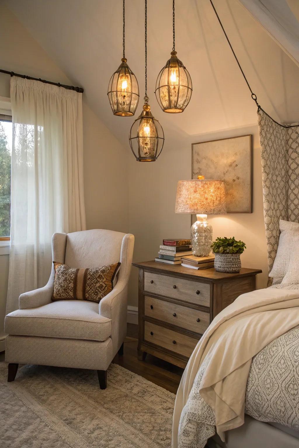 Suspended lights that contribute to style and maximize nightstand area.