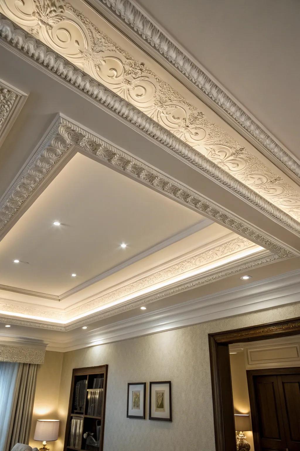 Decorative molding enhances the sophistication of your stepped ceiling with its detailed elegance.