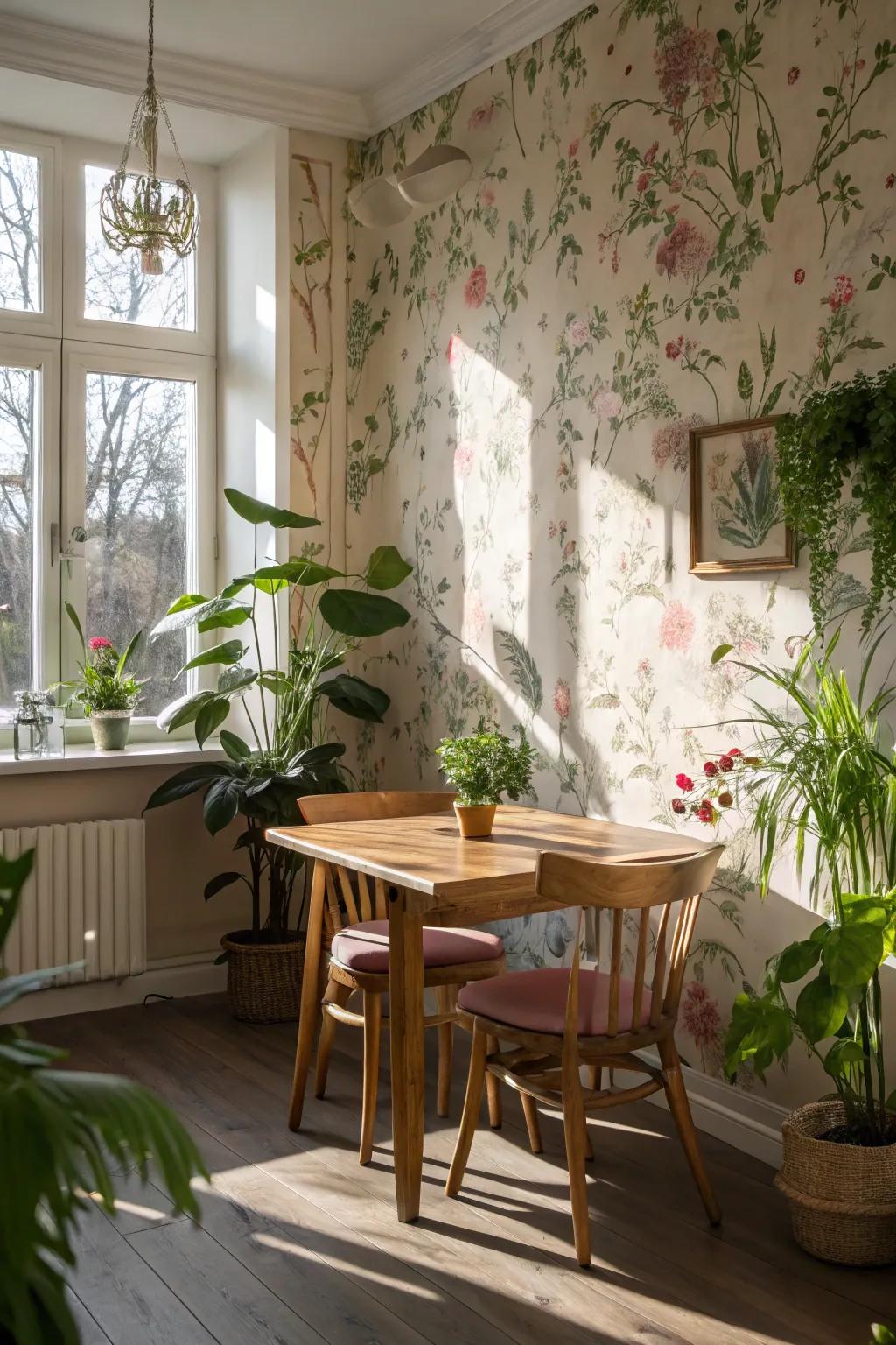 Botanical print wall covering breathes vitality into a lovely dining area.