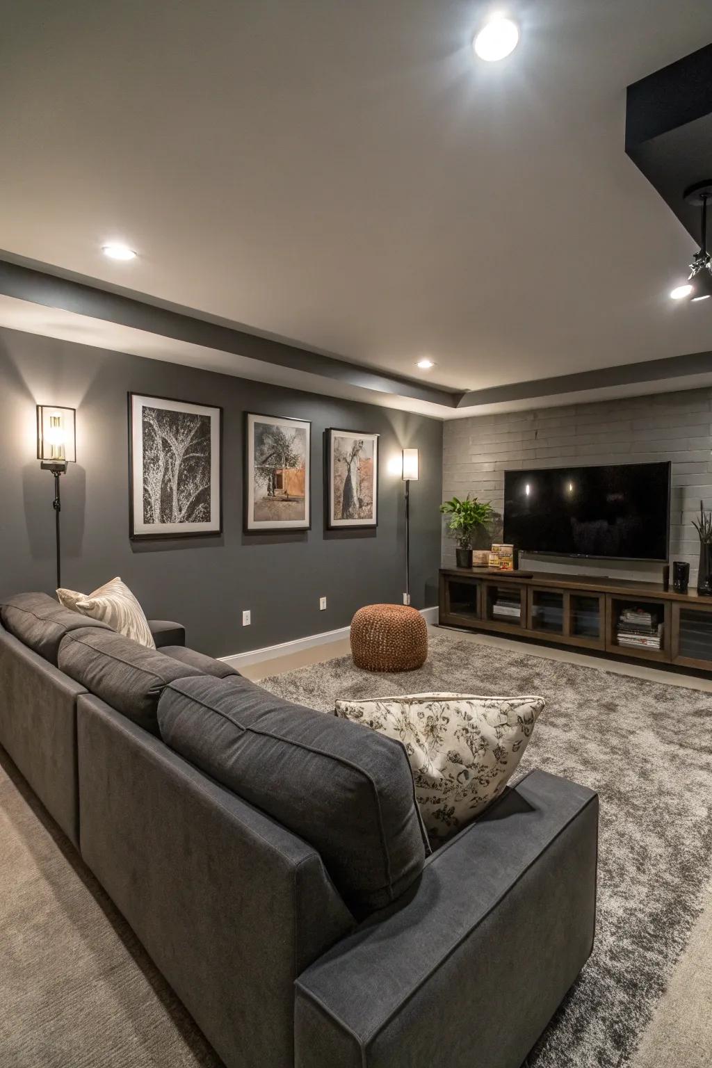 A chic media room showcasing stone gray walls, embodying streamlined simplicity.