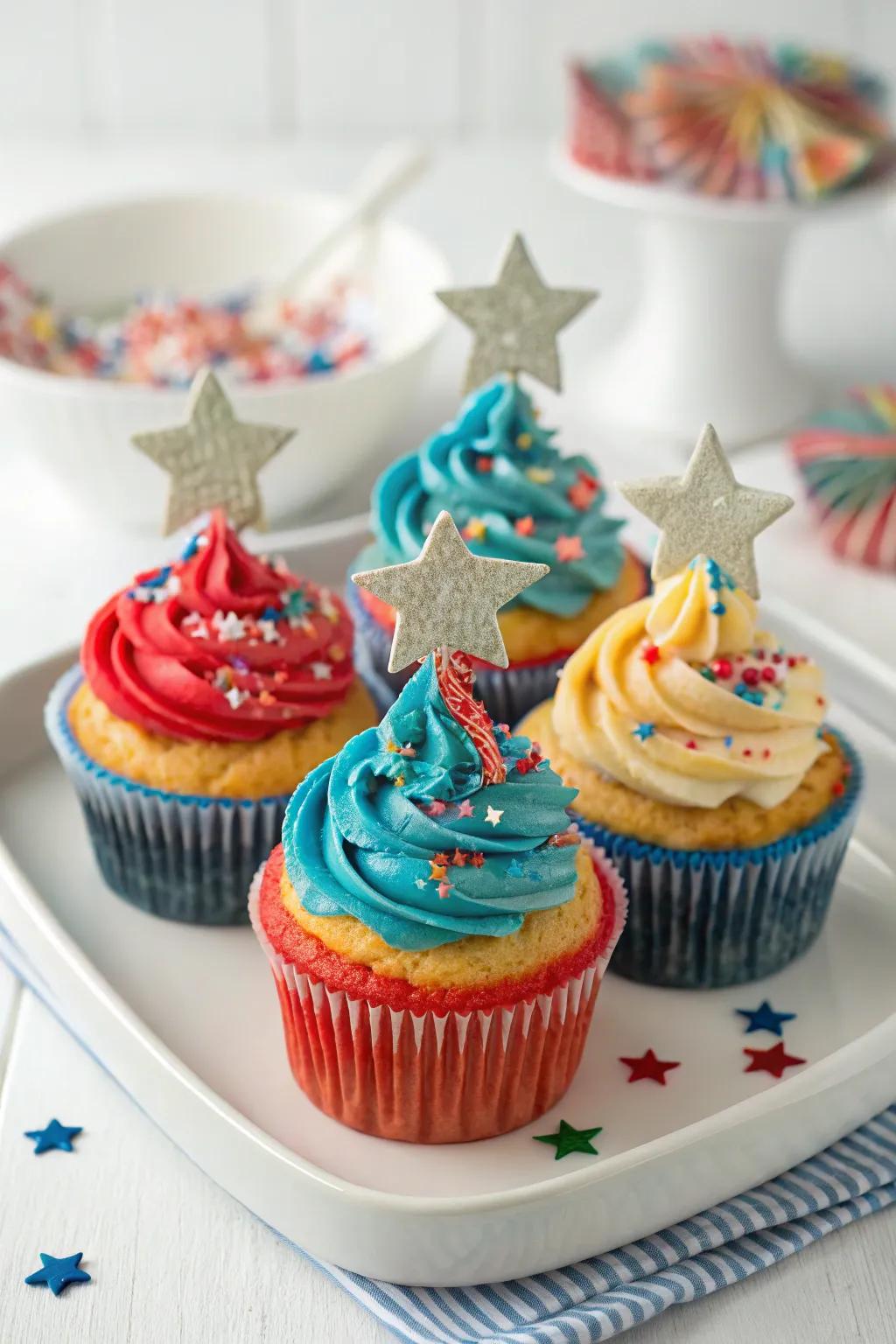 Cupcakes decorated with star themes and patriotic colors make them an amazing, delicious treat.