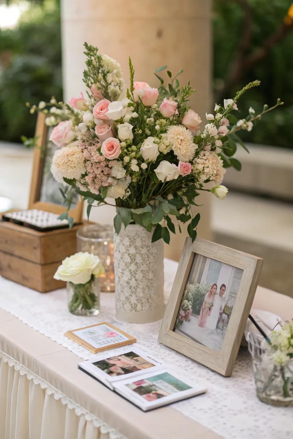 Elegant botanicals enrich the wedding's remembrance display with sophistication and charm.
