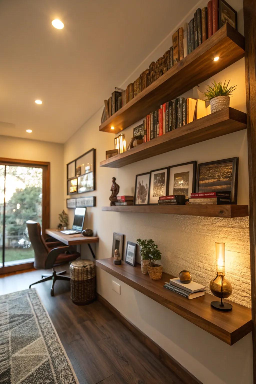 In this home office, wall-mounted shelves offer chic storage options.