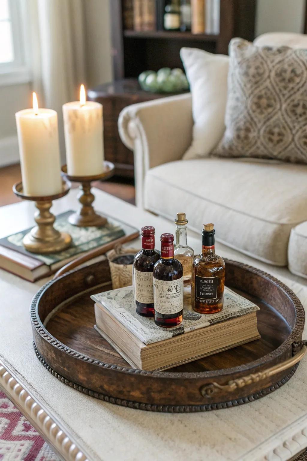 A retro platter elegantly exhibiting mini liquor bottles upon a coffee table.