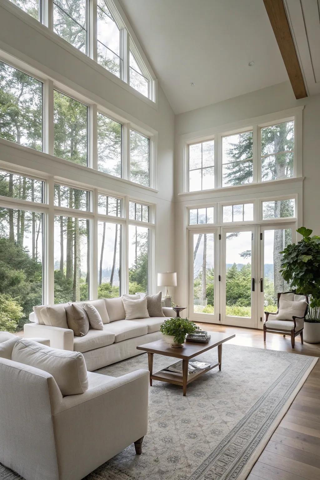 Sunlight streams into this minimalist living space, fostering a cozy and welcoming vibe.