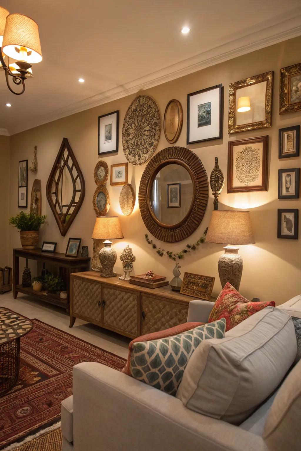 An artistic reflector collection injects character into the living room.