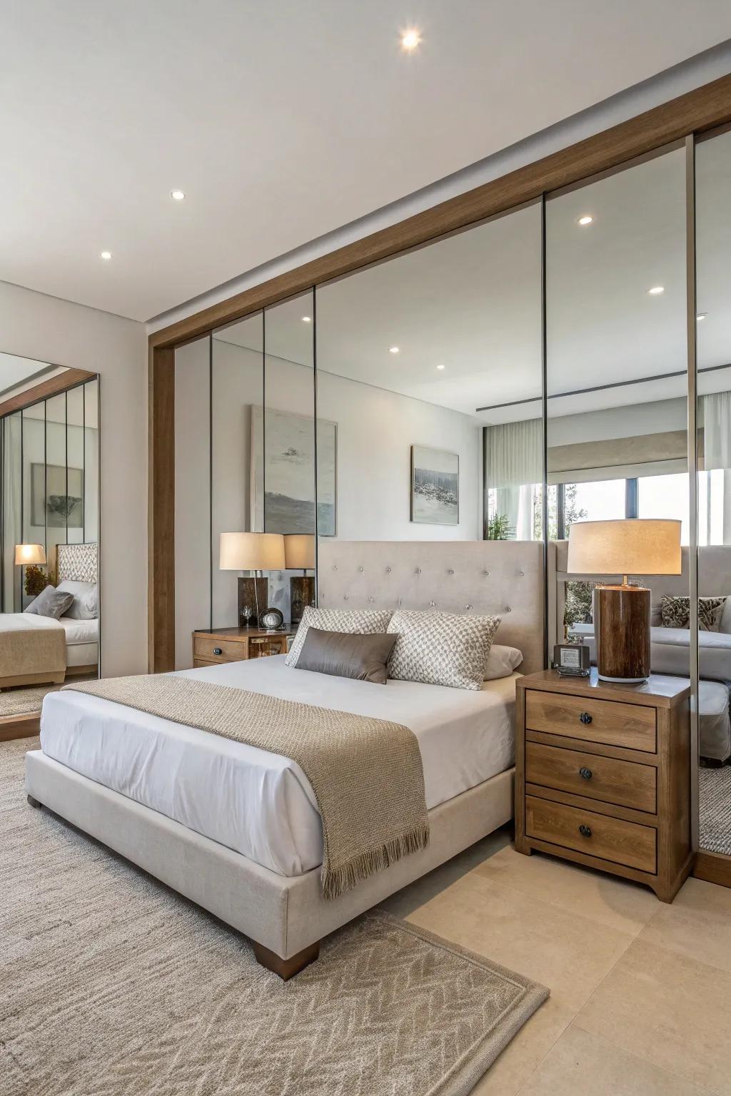 Frameless mirrors bring a touch of minimalist elegance to the bedroom.