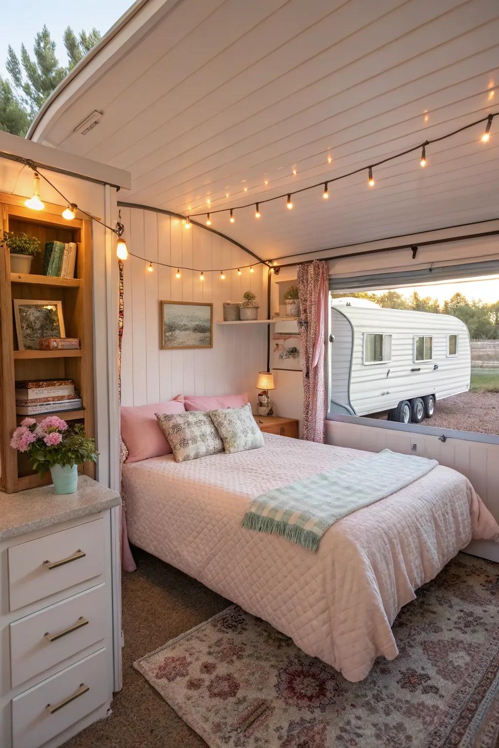A well-decorated additional sleeping area added to a mobile home, offering extra living space.