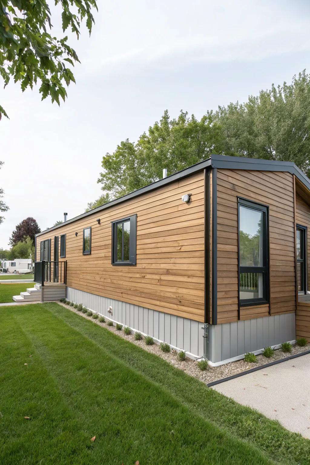 A mobile home revitalized with contemporary faux wood cladding.