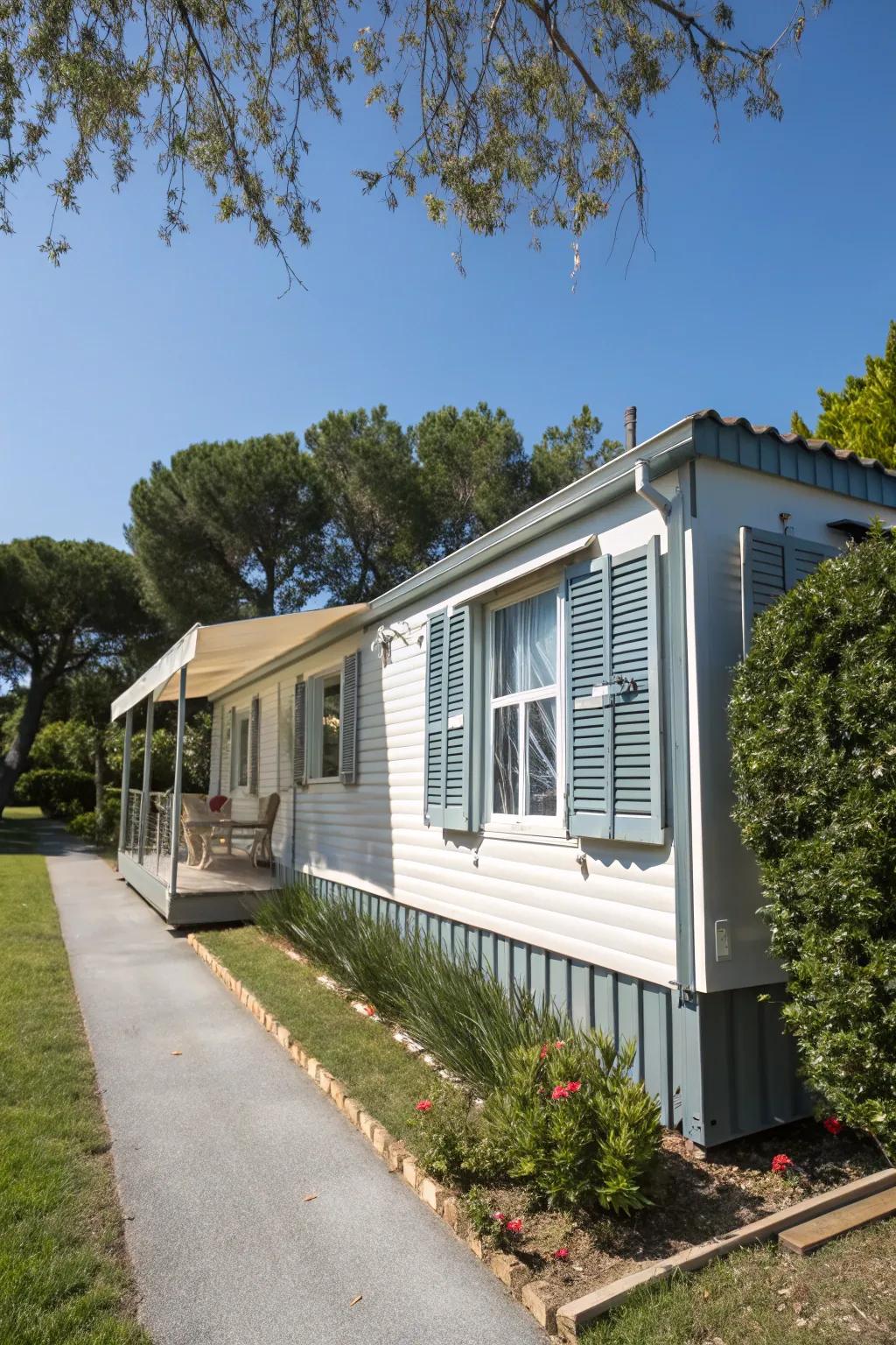 Sophisticated louvered shutters enriching a mobile home.