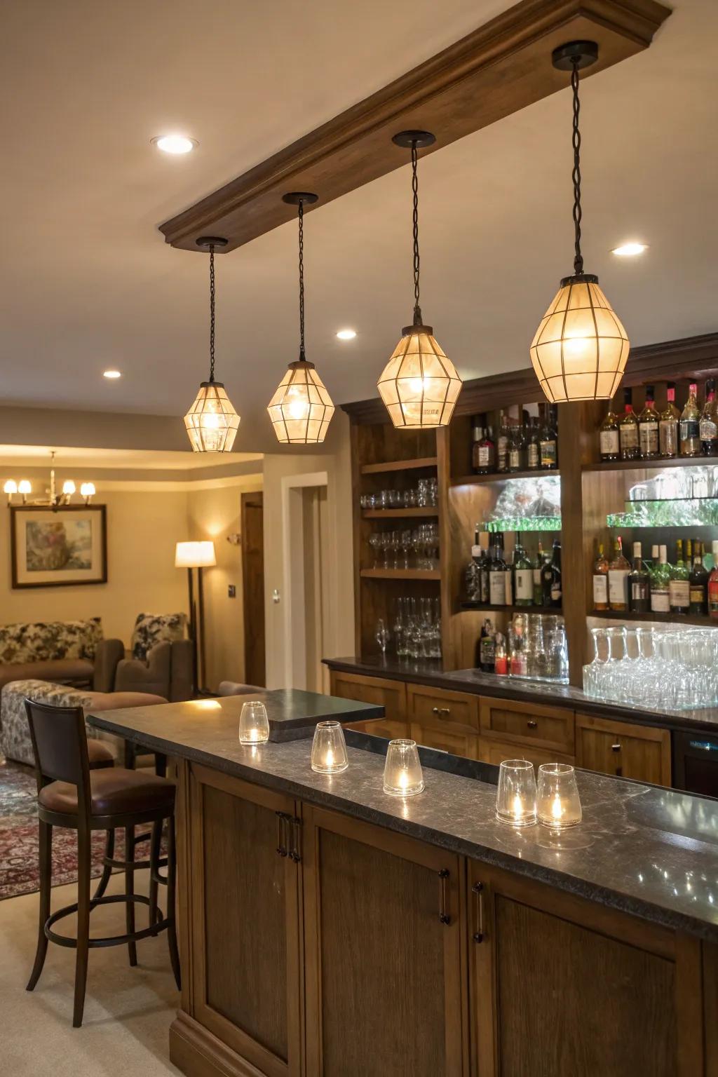 Thoughtful lighting elevates the ambiance of this modern bar.