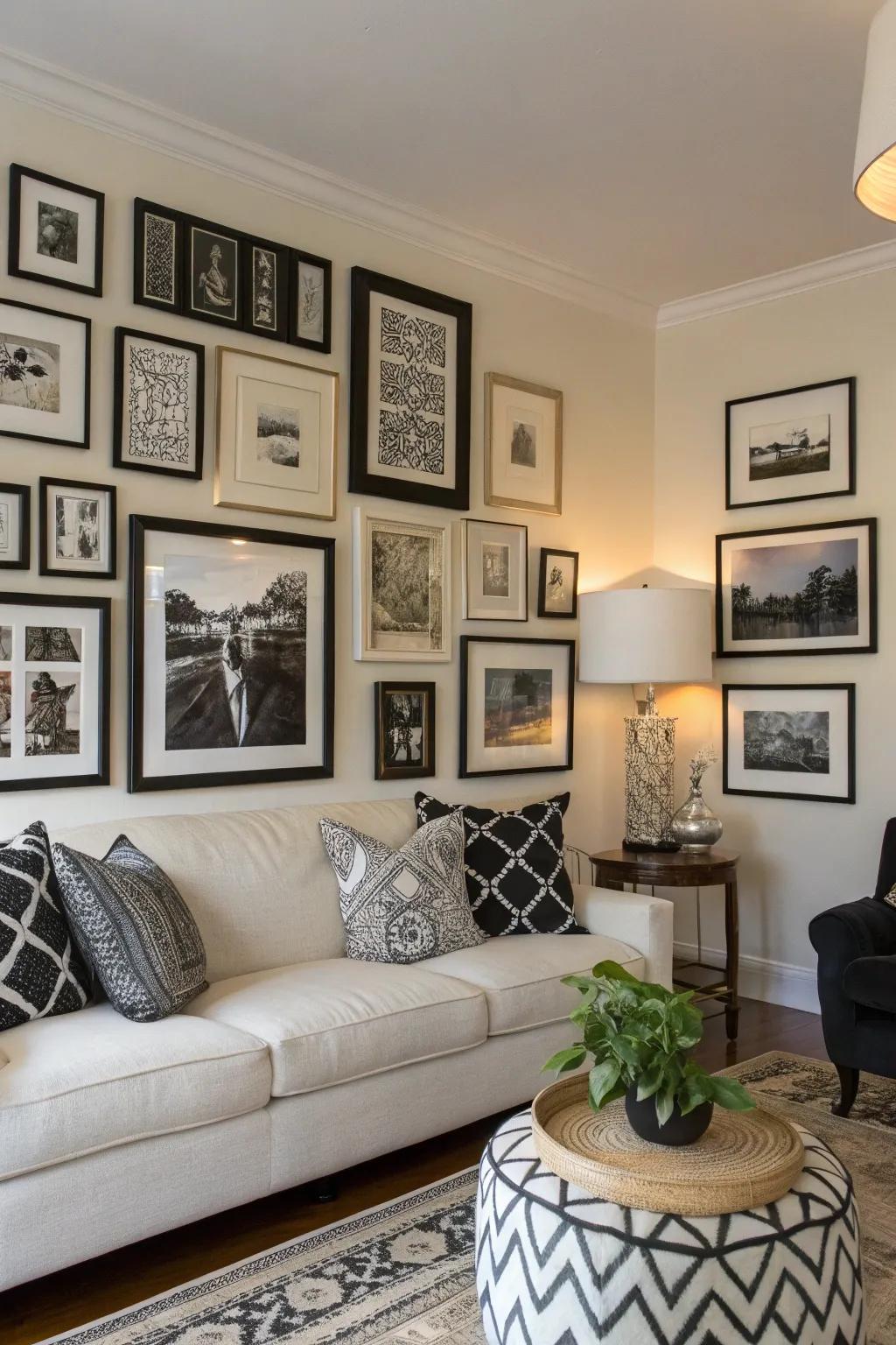A black and white display feature contributes personality and dimension to the space.
