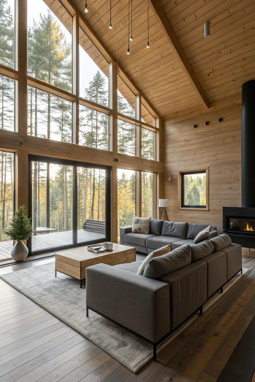 Modern furniture boosts the current vibe in a cabin setting.