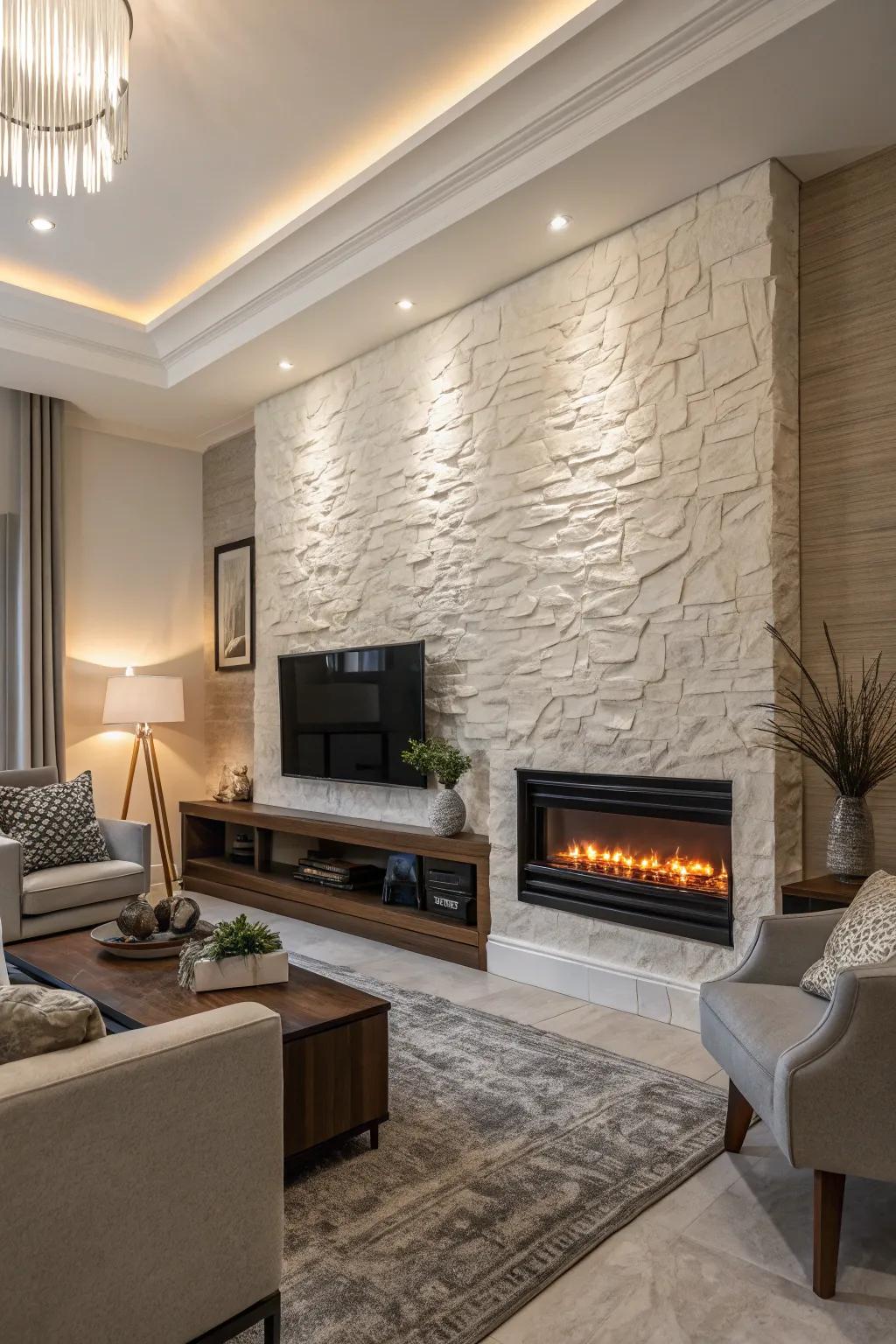 A textured feature wall showcasing a modern electric fireplace.
