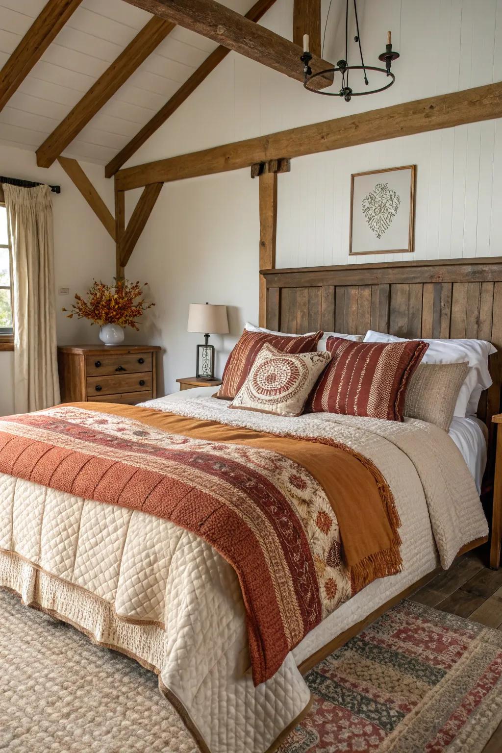 Layered bedding with textured throws provides added comfort and warmth.