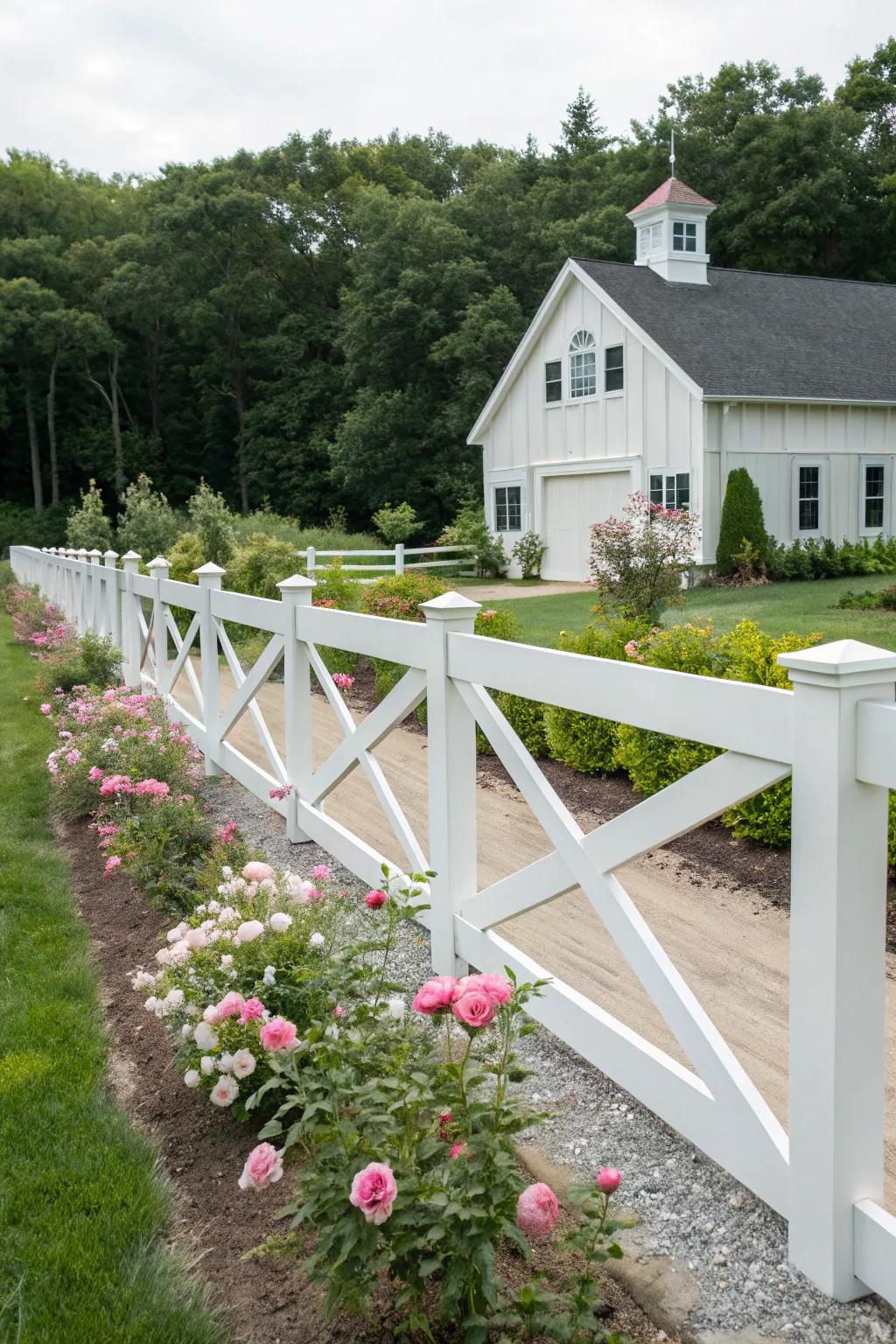 A traditional pale cross-beam design imbues a modern farmhouse with unmatched charm.