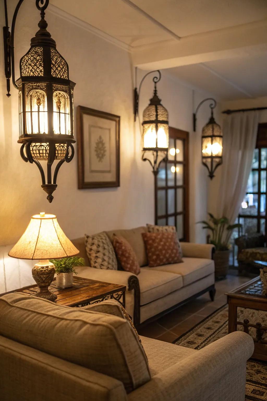 Lantern-look lights welcome outdoor charm indoors.