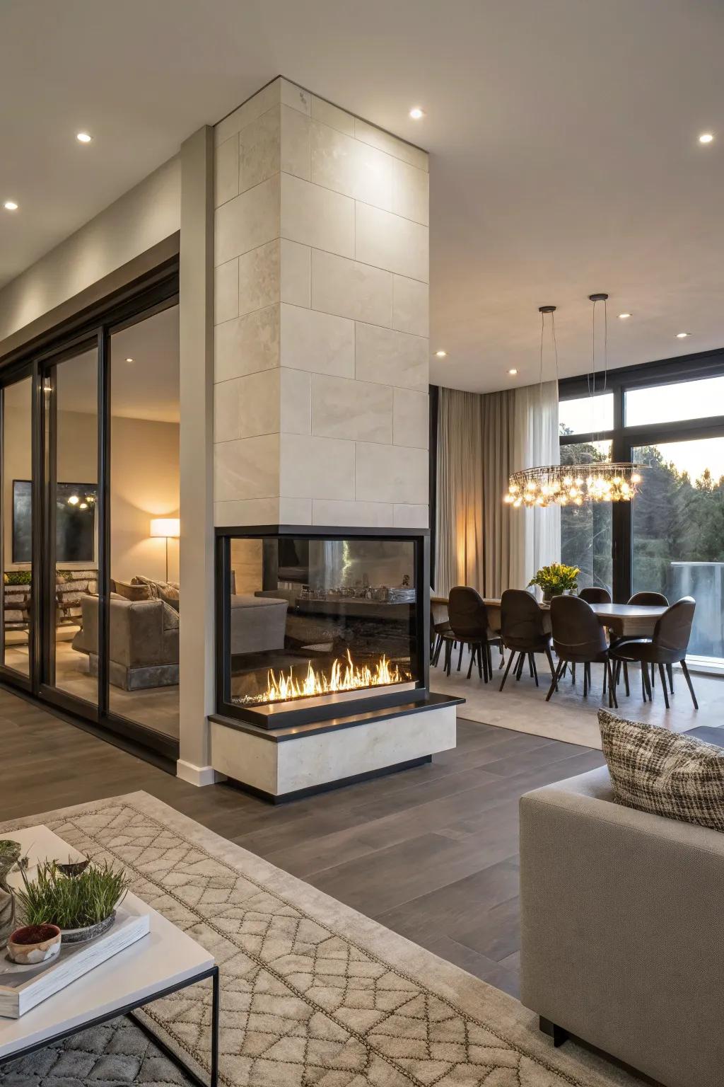 A double-sided fireplace elegantly bridges a living room and a dining area.