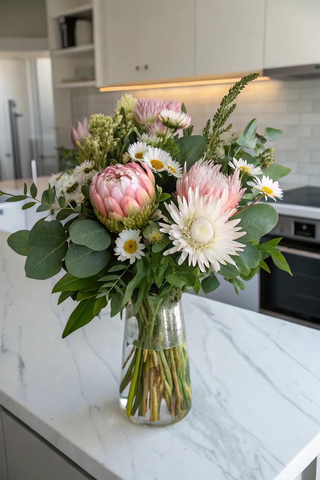 A varied bouquet presenting an array of blooms that enhance depth and texture.