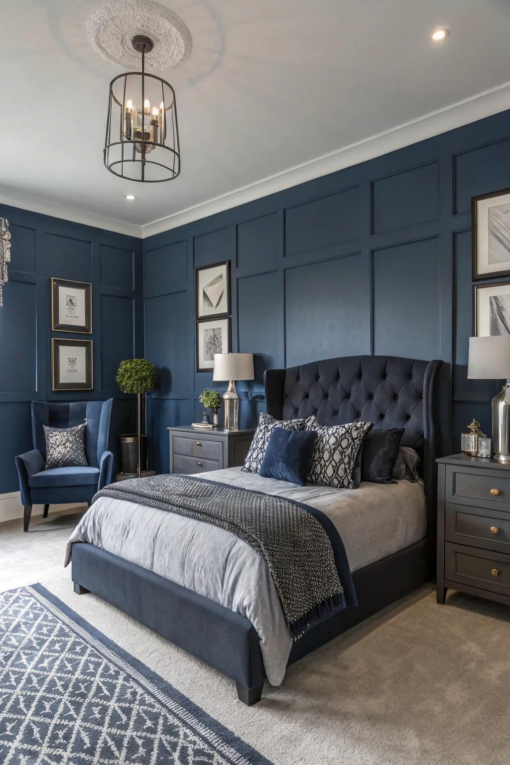 Create a dramatic bedroom with a navy blue and charcoal grey color scheme.