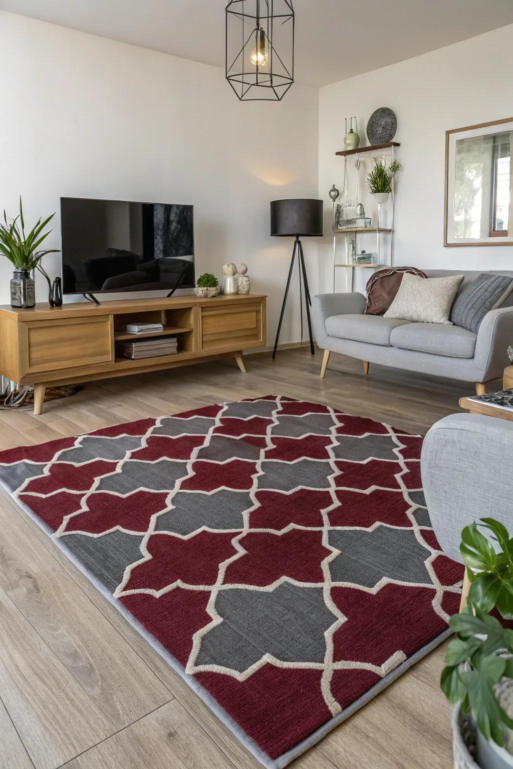 Showcase area with printed deep red and grey rug with modern decor.