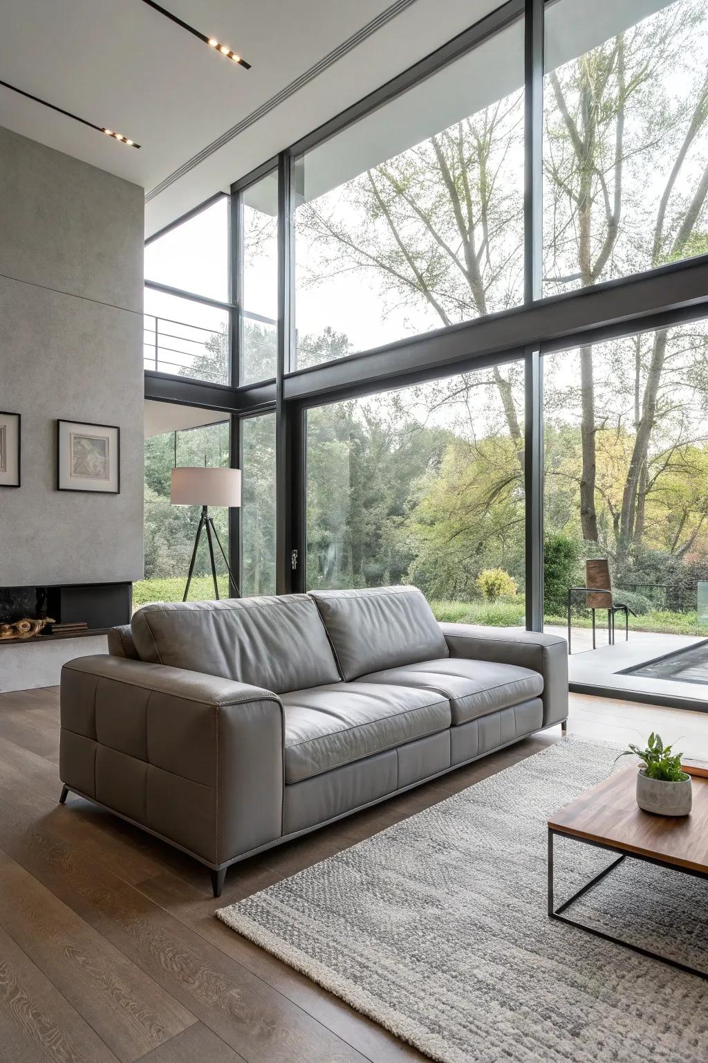 Natural light brightening up a modern living space with a grey leather sofa.