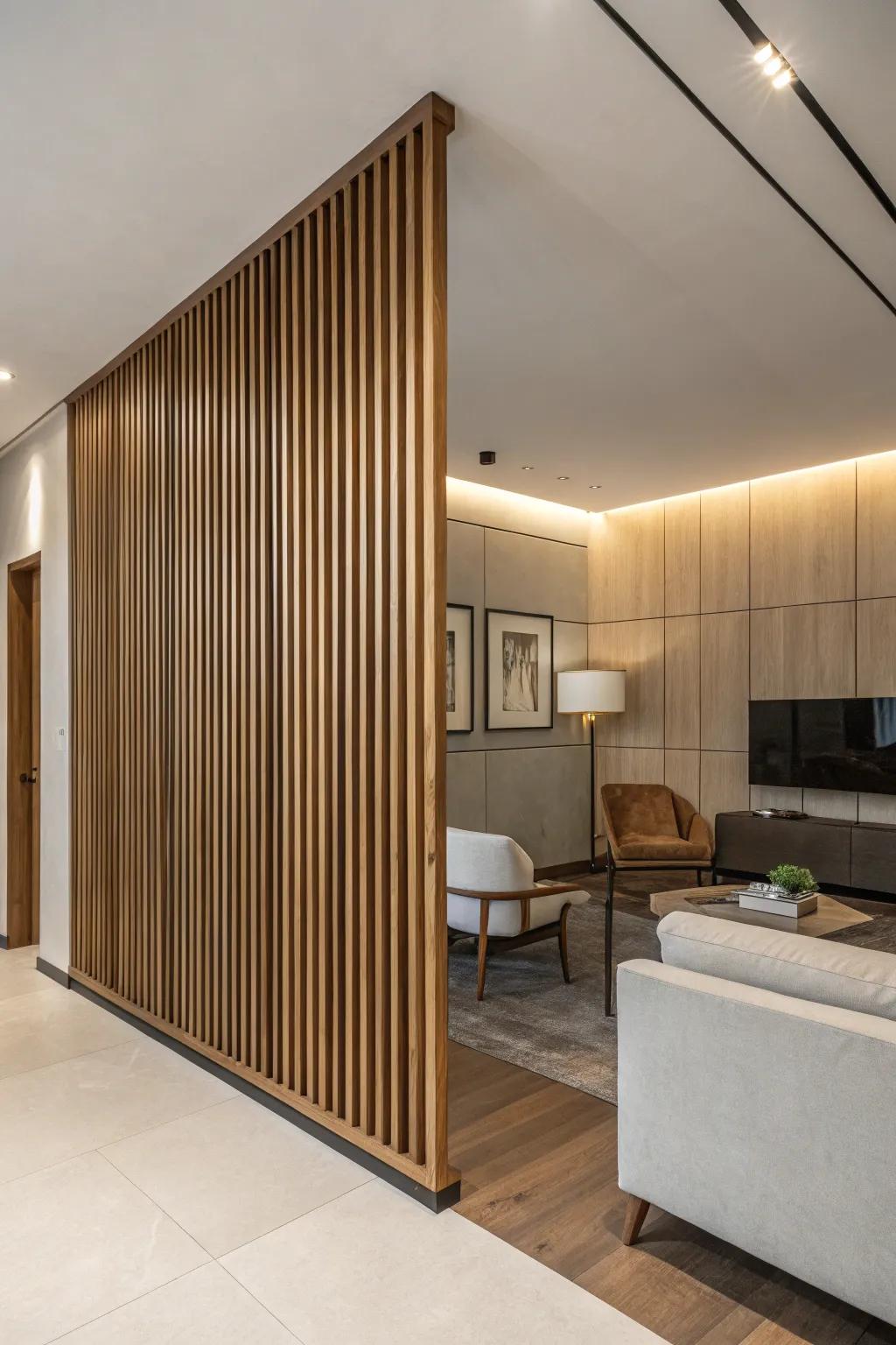 Vertical wood panels on a half wall generate an eye-catching visual sensation.
