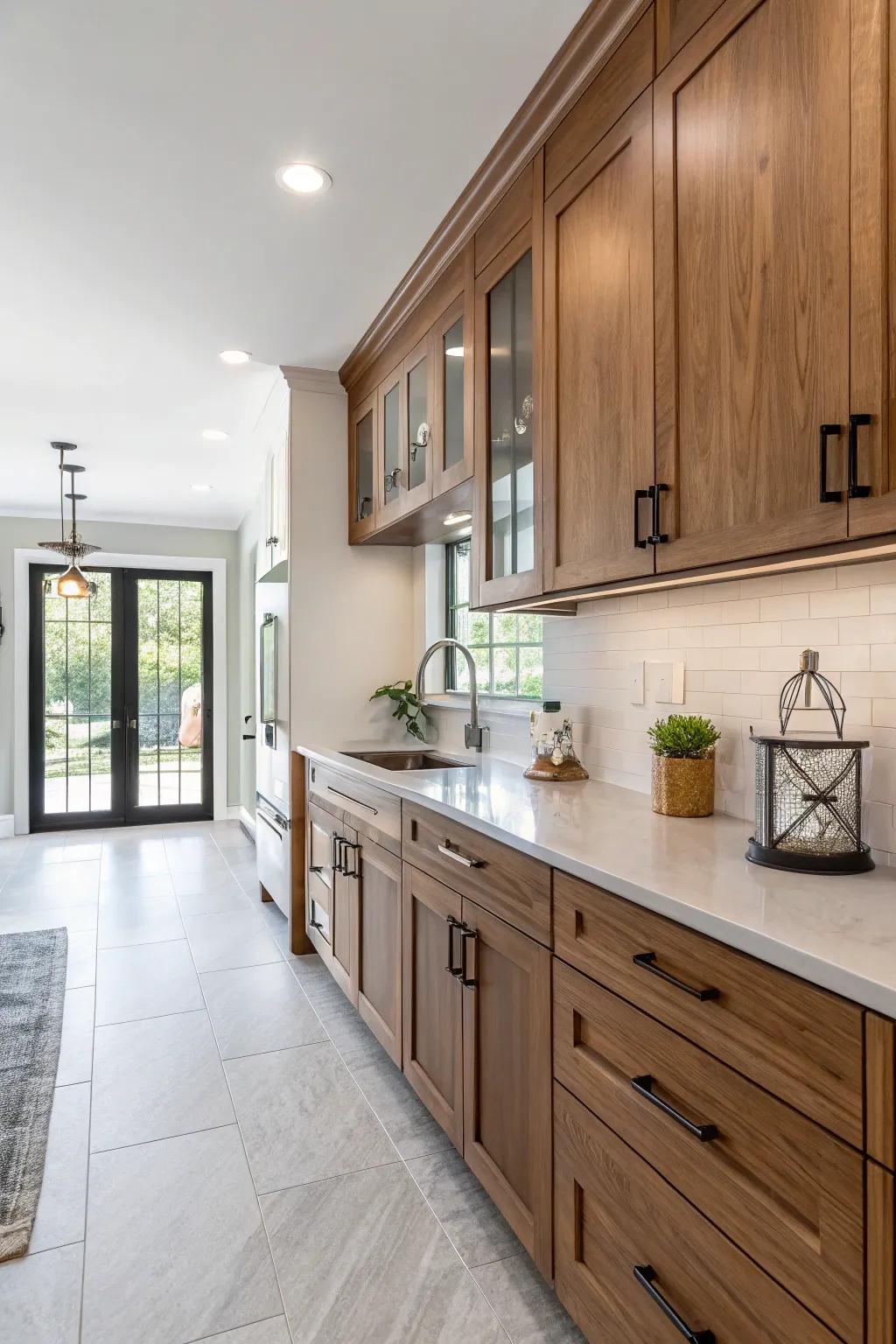 Elegant hardware modernizes the country appeal of hickory cabinets.