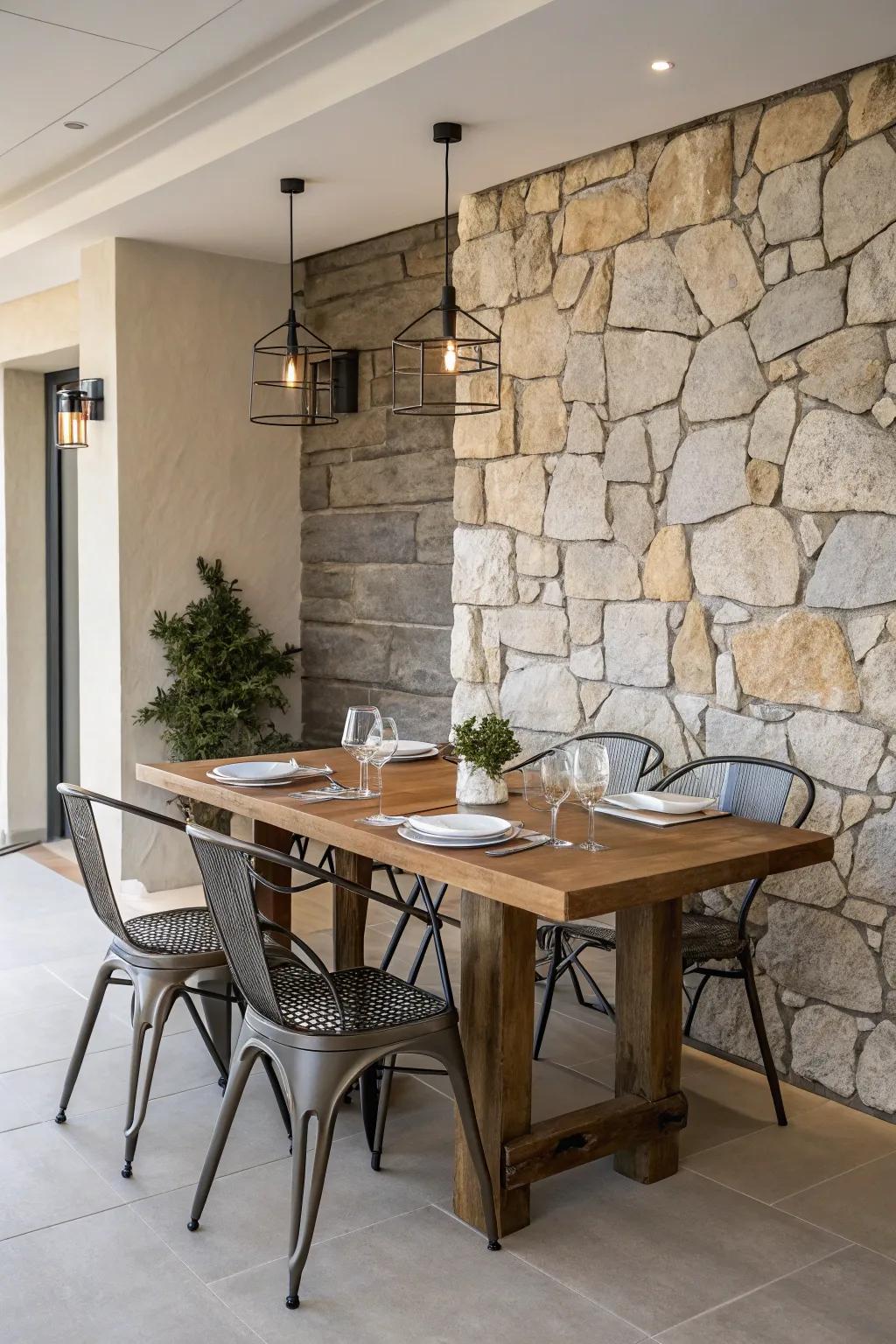 A harmonious mix of materials contributes personality to this dining space.