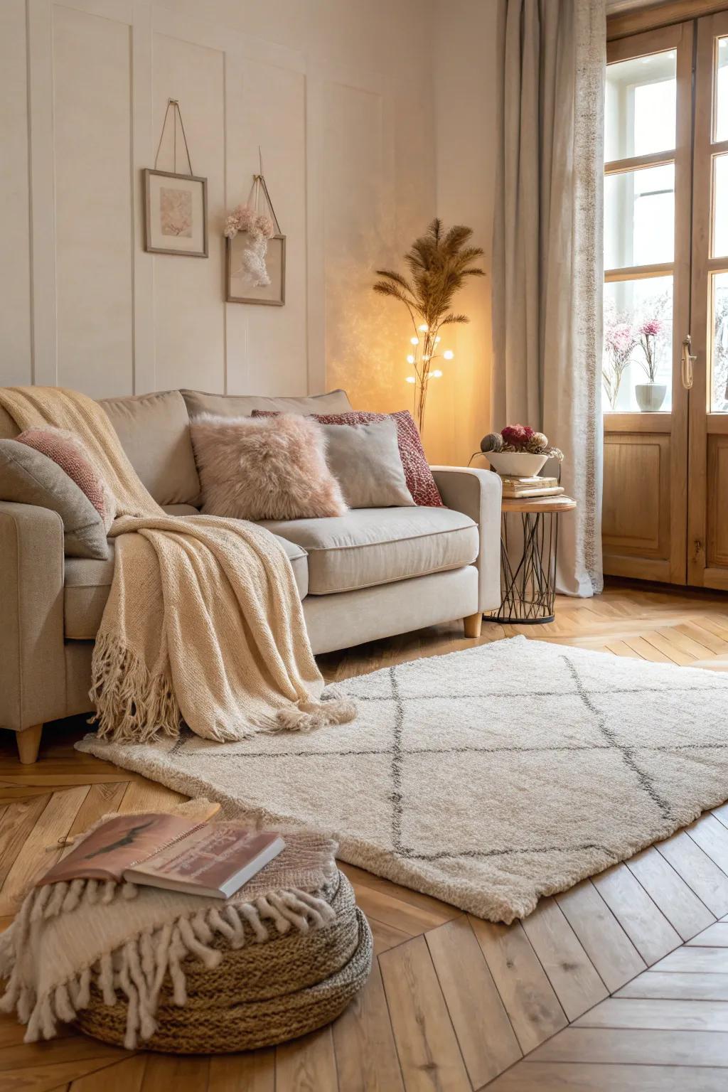 Comforting fabrics complement the warmth of pale wood floors.