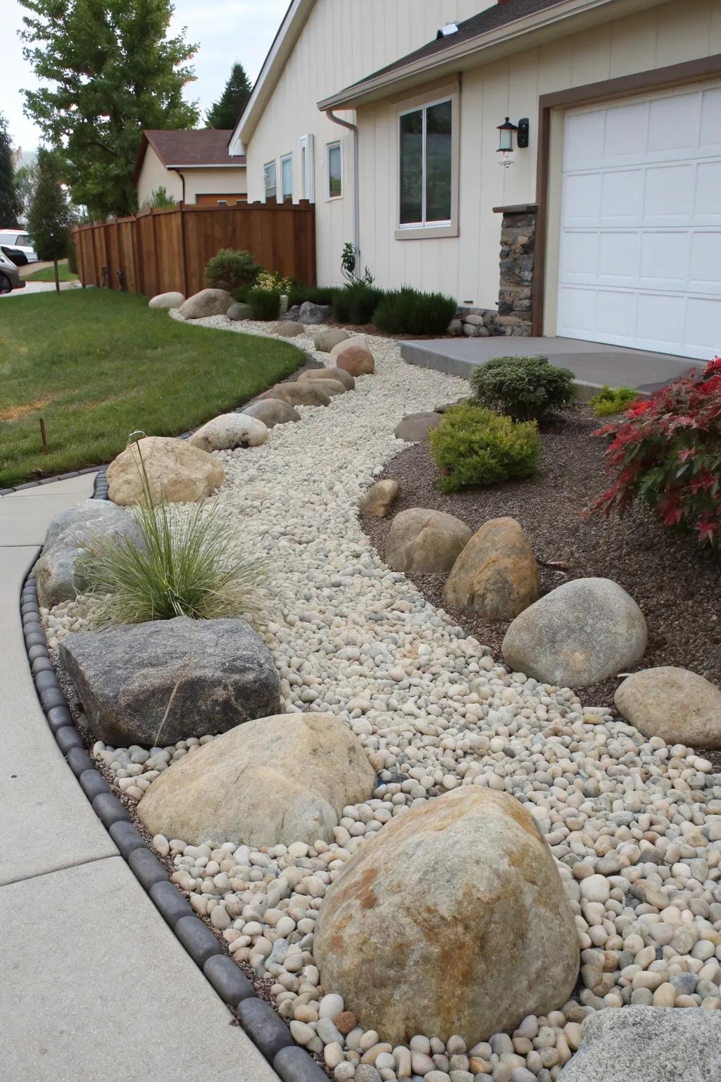 A modern front garden featuring a bed of gravel and large rocks for a stylish, easy-care appeal.