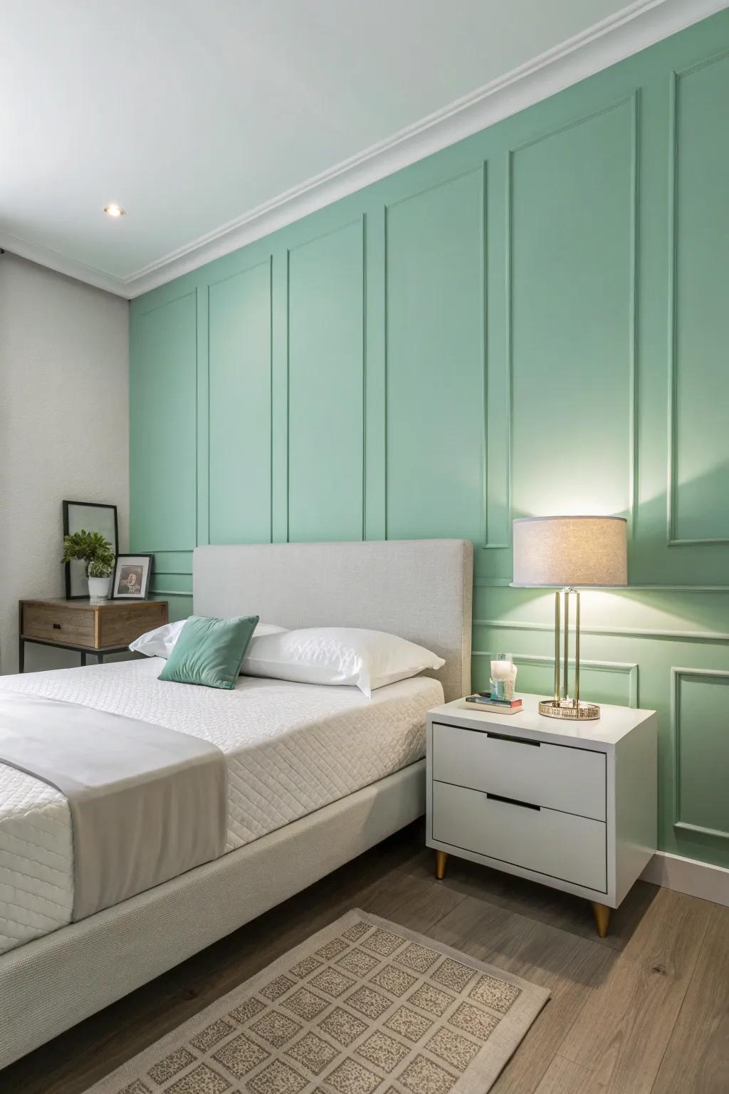 Minimalist furnishings set against the backdrop of a soft jade bedroom.