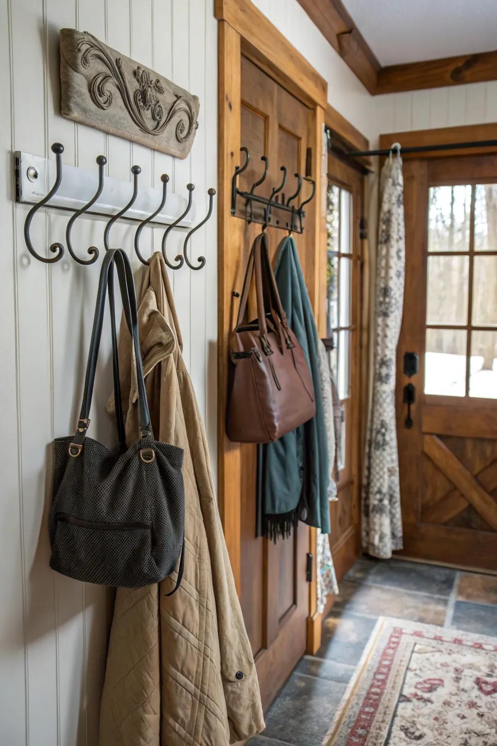 Wall pegs act as both decoration and useful additions to every mudroom.