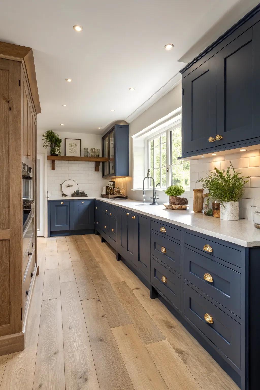 Woodland touches beautifully enhance the marine blue cabinetry.