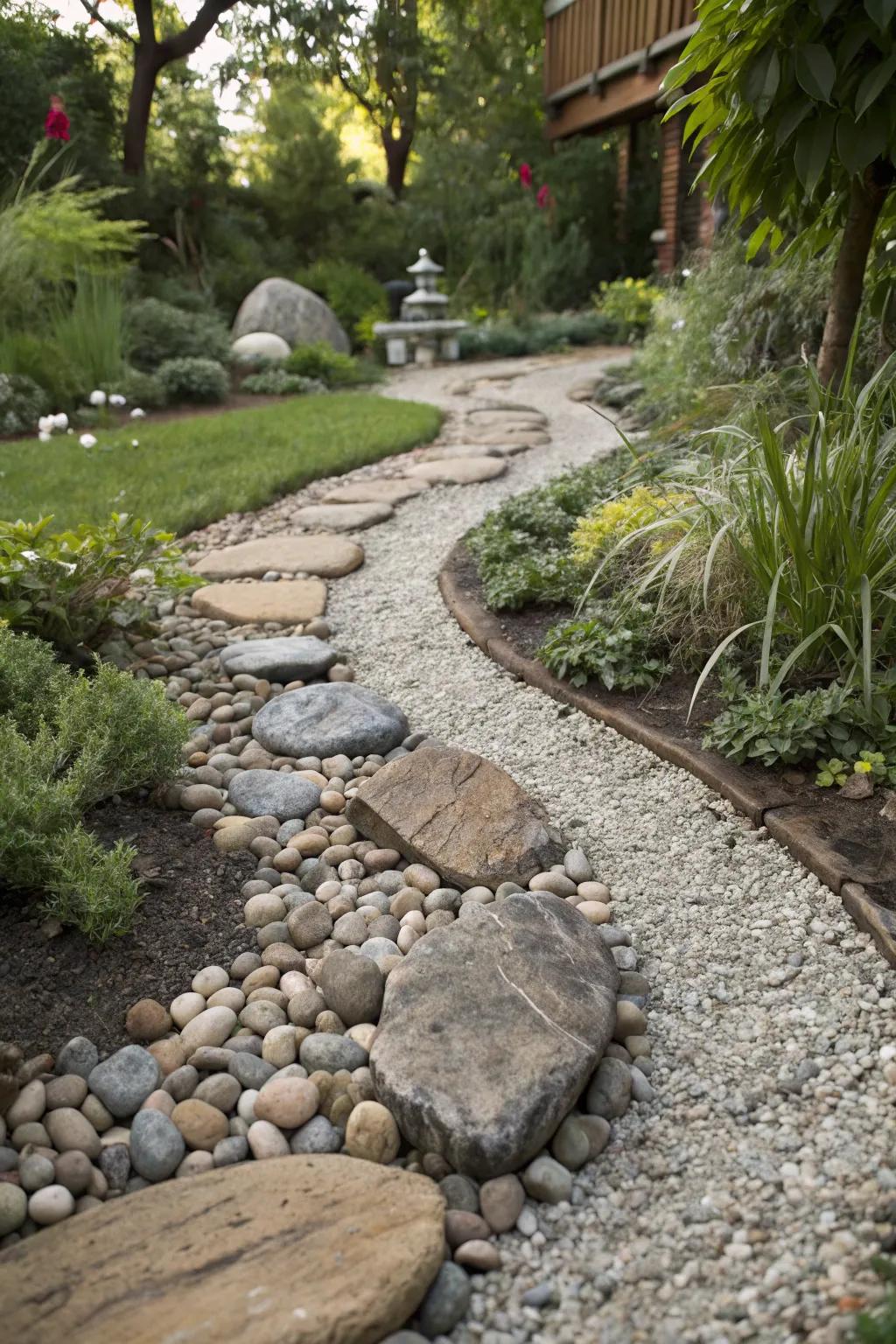 A garden walkway that experiments with surface contrasts by combining sleek stones and coarse gravel.