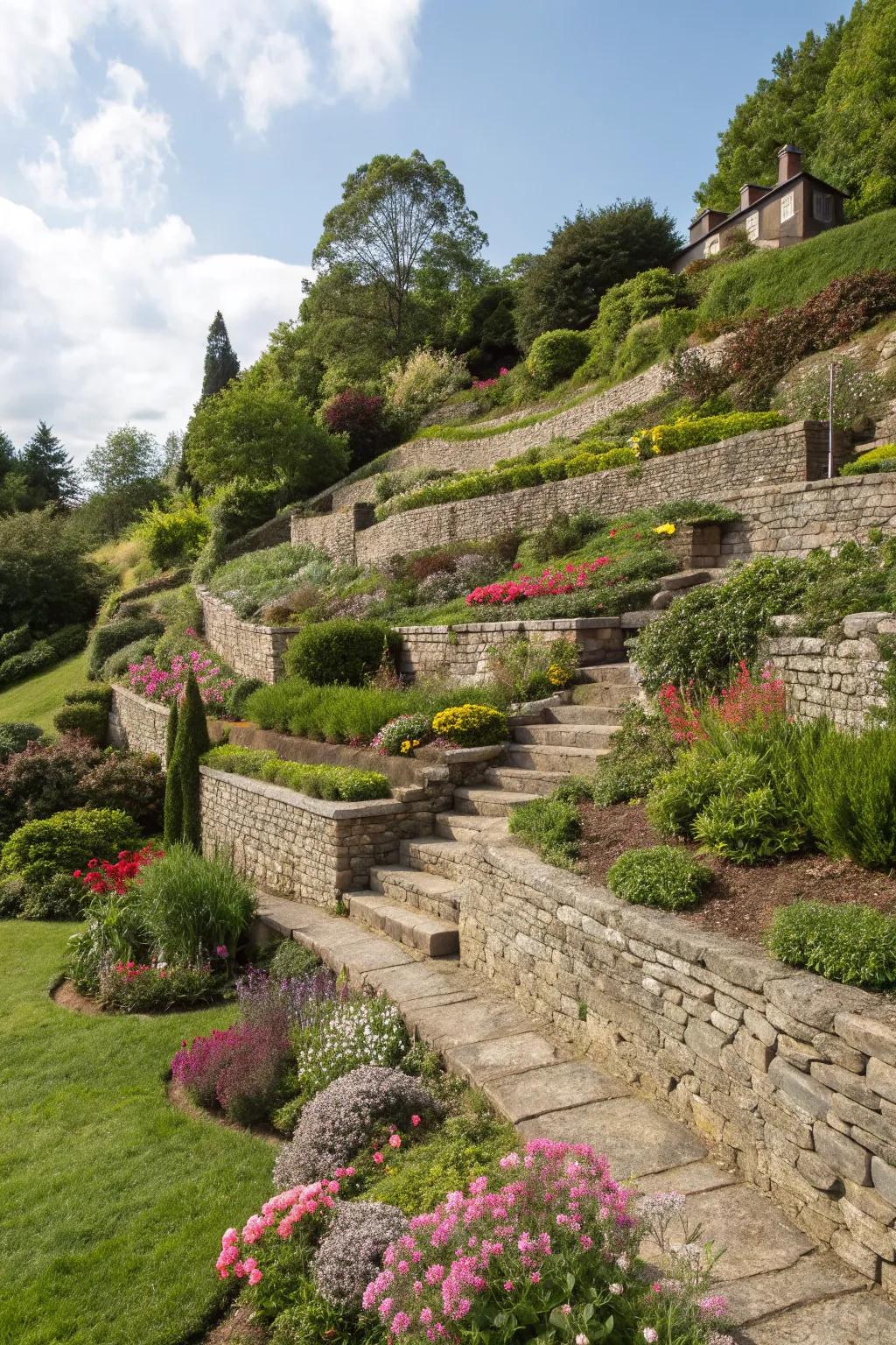 Stepped terraces introduce dimension and curiosity to your garden.