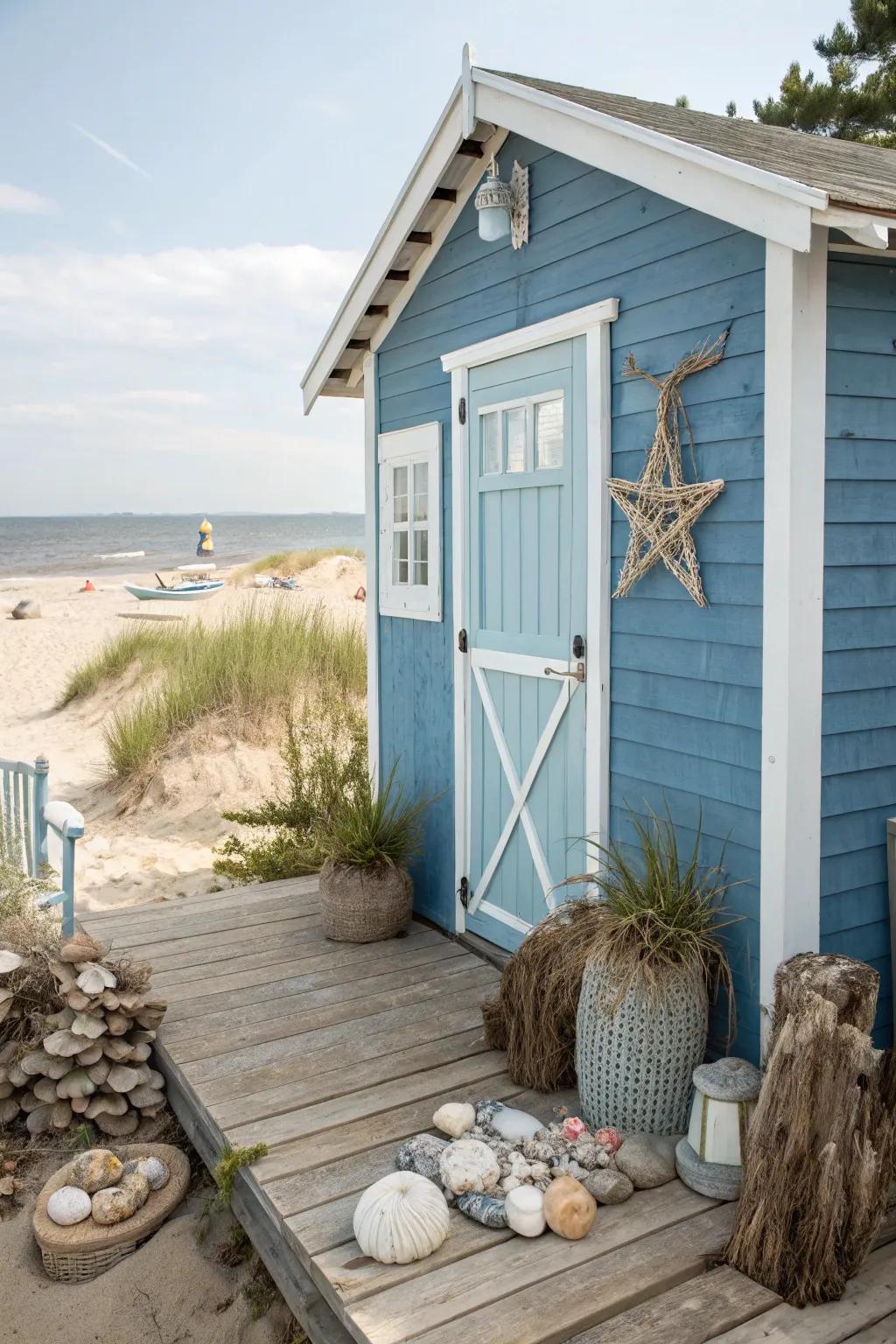 A coastal blue shed, infusing your garden with seaside serenity.