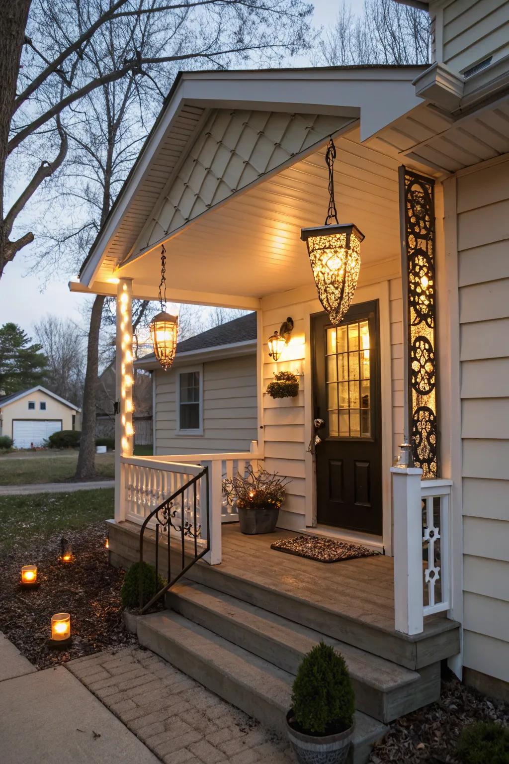 A small front porch glowing under the elegant touch of stylish decorative lighting fixtures.