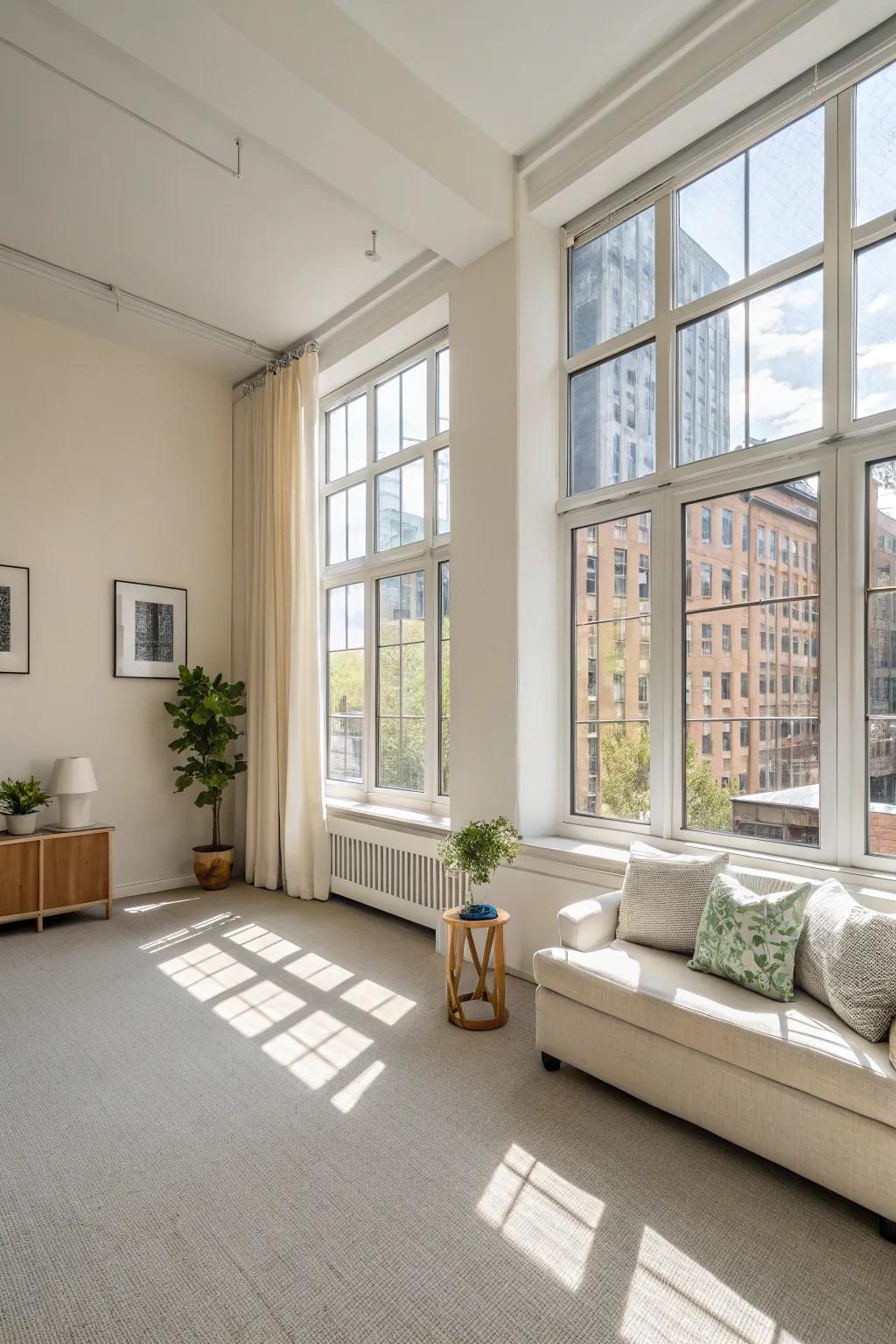 A bright studio apartment featuring big windows and walls in light colors that amplify natural light.