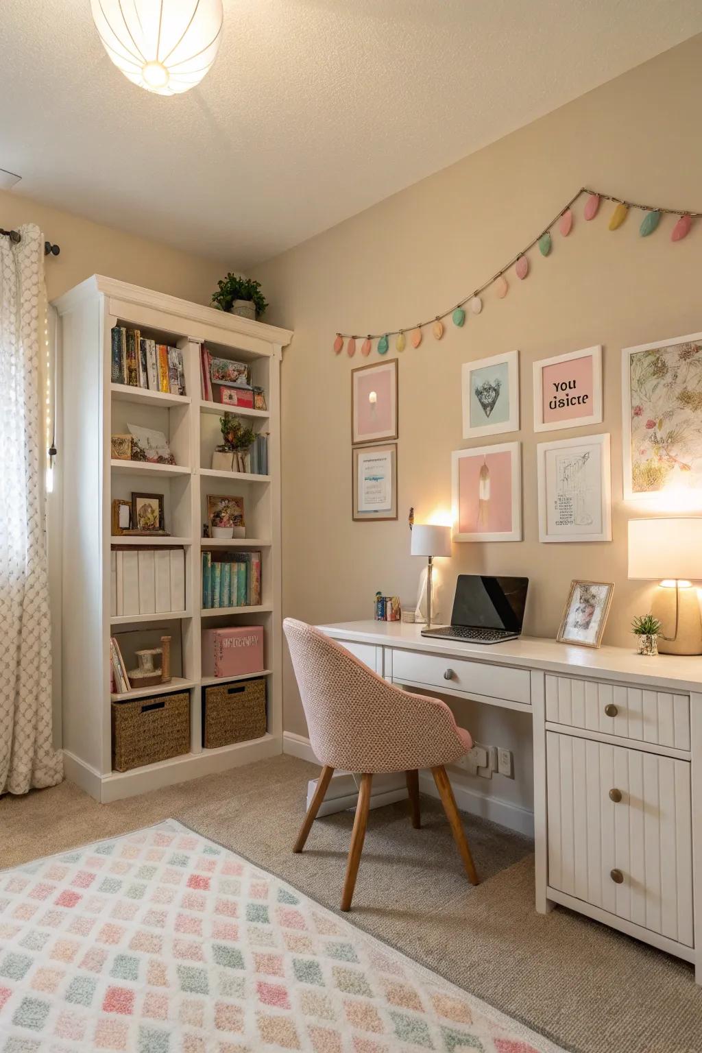 A soothing study room adorned with a balanced palette of neutral colors.